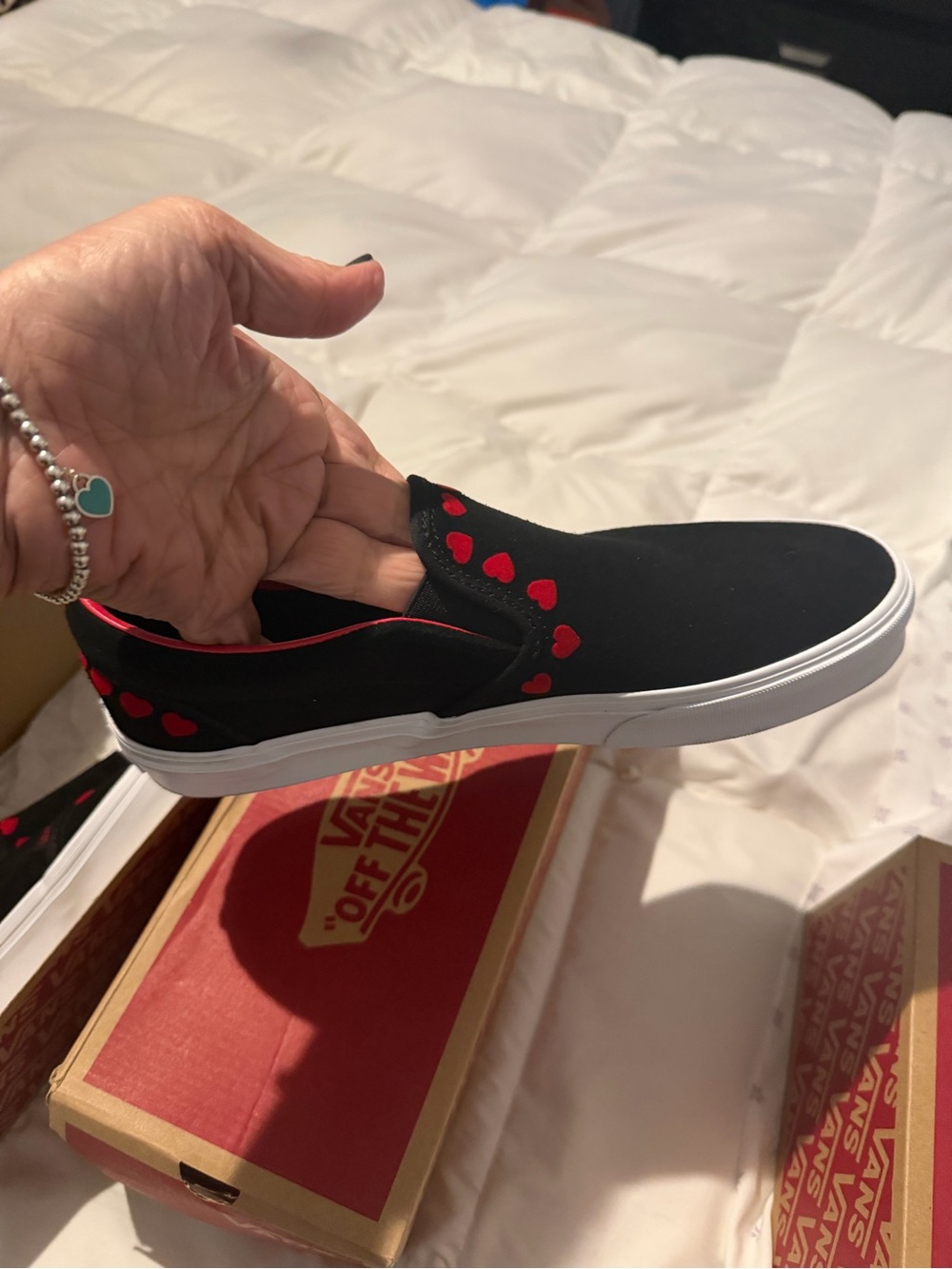 Vans Black Slip-On Loafers with Red Heart Details